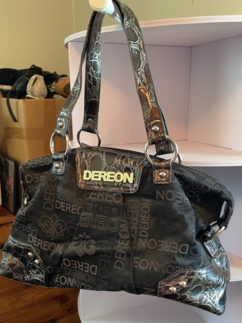 Dereon Black Logo Shoulder Bag with Croc-Trim